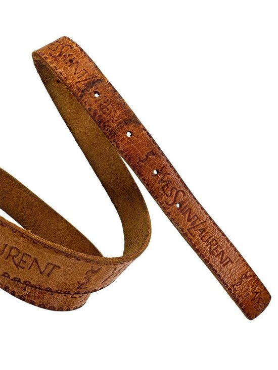 Vintage Yves Saint Laurent YSL Tan Embossed Leather Skinny Belt Brass 39.5” main image 8